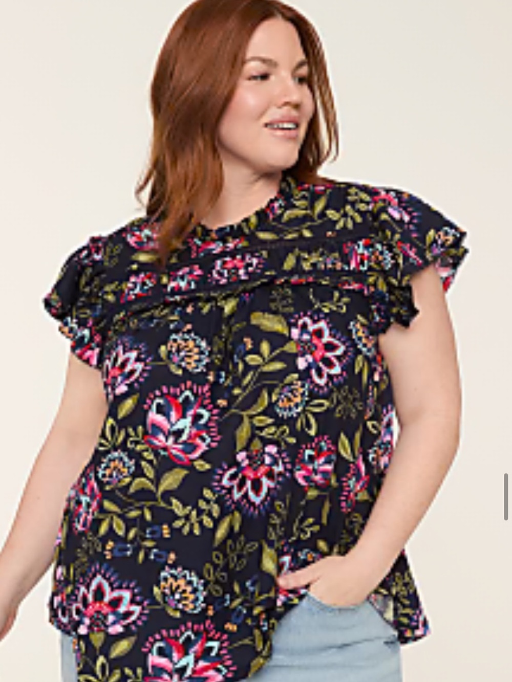 Lane Bryant Navy Floral Ruffle Sleeve Top